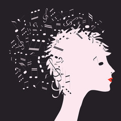 Woman's head silhouette with music notes. Vector illustration of silhouette of pink silhouette of woman's head with music notes on grey background