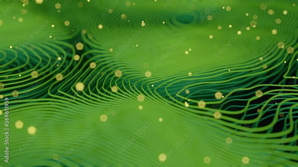 Aufkleber Green colored abstract background with bright particles. Deformed wavy wires with motion glowing elements. Depth of field. 3D render loop animation. 4K, Ultra HD resolution.