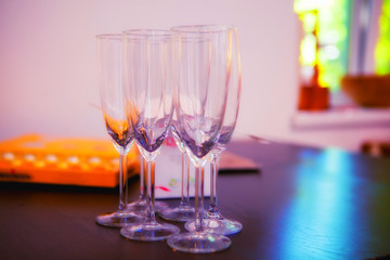 empty wine glasses are on the table