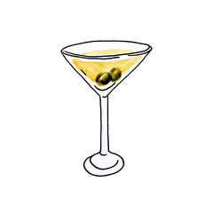 Watercolor hand drawn illustration glass of martini with olives on white background. Picture of a alcoholic drink.