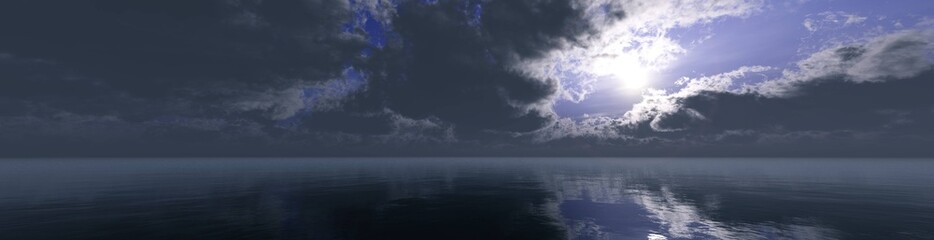 Naklejka na ściany i meble Storm clouds over the sea surface, the sun peeking out from behind the clouds, 3d rendering