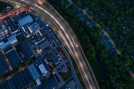 Aerial drone view on highway and industrial zone in Gliwice.