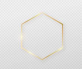 Golden border frame with light shadow and light affects. Gold decoration in minimal style. Graphic metal foil element in geometric thin line polygon, hexagon shape - obrazy, fototapety, plakaty