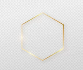 Fotobehang Golden border frame with light shadow and light affects. Gold decoration in minimal style. Graphic metal foil element in geometric thin line polygon, hexagon shape © zaie