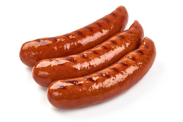 Grilled bratwurst Pork Sausages, close-up, isolated on white background