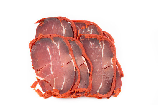 sliced turkish bacon on white background