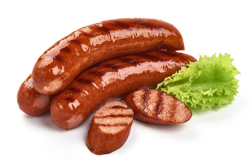 Grilled pork sausages with lettuce, close-up, isolated on white background