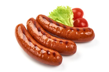 German grilled pork sausages with lettuce, close-up, isolated on white background