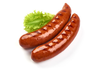 Grilled bratwurst Pork Sausages with lettuce, close-up, isolated on white background