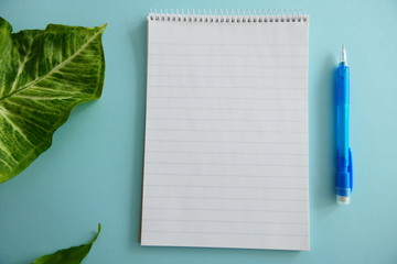 Fresh Green Leaves, Empty Notebook and a Blue Pen isolated on a Blue Light Background
