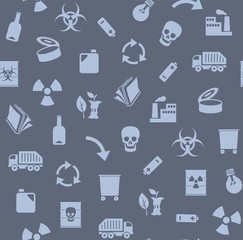 Waste, recycling, seamless pattern, color, gray, vector. Garbage collection, different types of waste. Vector, seamless background. Gray, flat icons on a dark gray background.  
