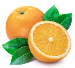 Orange fruits with orange leaves on white background. Clipping path.