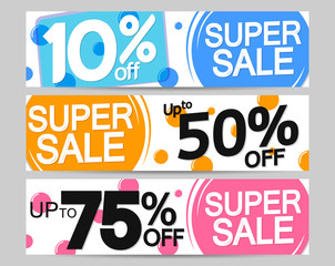 Super Sale, set web banners design template, up to 10% 50% 75% off, vector illustration
