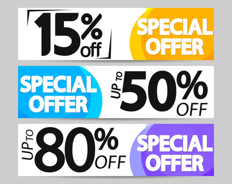 Special Offer, set sale web banners design template, 15% 50% 80% off, vector illustration