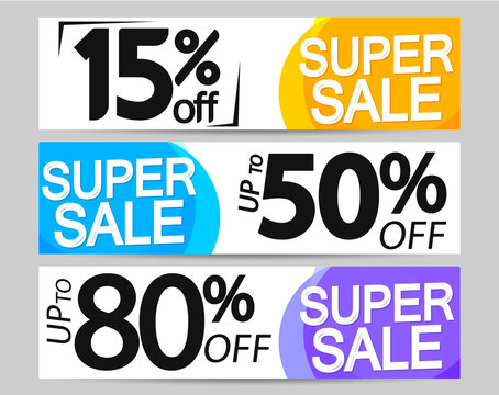 Super Sale, set web banners design template, up to 15% 50% 80% off, vector illustration