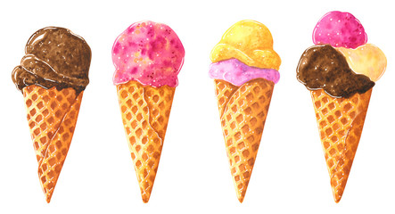 Set of different ice cream balls in waffle cone, clip art with mint, berries and coockies, hand drawn watercolor illustration isolated on white.