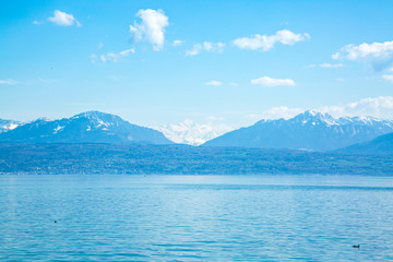 Mont Blanc mountain massive and Alps over Lake Geneva 