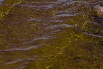 the sand and stones under water with the waves in the foreground .