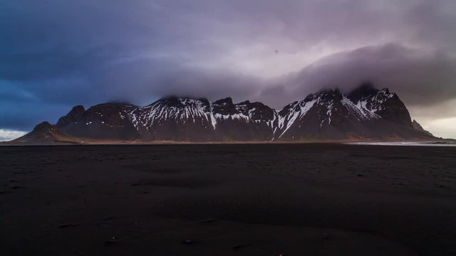 Sunset at Vestrahorn Mountain and Stokksnes beach. Iceland