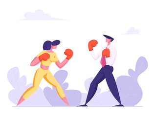 Business People Boxing. Man and Woman Fighting in Boxing Gloves. Business Competition, Challenge, Leadership Concept with Characters Fight. Vector flat illustration