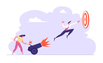 Business Woman is Setting on Fire the Cannon with Businessman Flying to the Target. Goal Achievement, Leadership, Business Solution Concept. Vector flat illustration