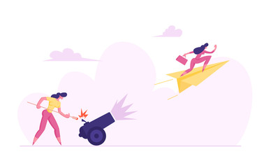 Business Woman is Setting on Fire the Cannon with Businesswoman flying on Paper Plane. Goal Achievement, Leadership Concept. Vector flat illustration