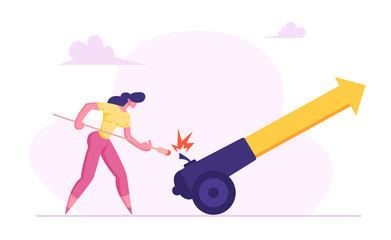 Business Woman is Setting on Fire the Cannon with Big Arrow Symbol of Financial Investments Grow. Goal Achievement, Leadership Concept. Vector flat illustration
