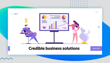 Obraz na płótnie Canvas Business People Meeting Landing Page Template. Project Presentation, Data Analysis with Woman Character Pointing on Financial Graph on Board to the Businessman Website Banner. Vector flat illustration