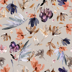 Seamless abstract watercolor floral pattern. Hand drawing ink. Fashionable floral design. Background for textile, paper and other print and web projects.