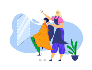 Female Hairdresser Cutting Hair of Young Woman Character. Beauty Salon, Hairdressing, Make Up Barbershop Concept with Stylist and Client. Vector flat illustration