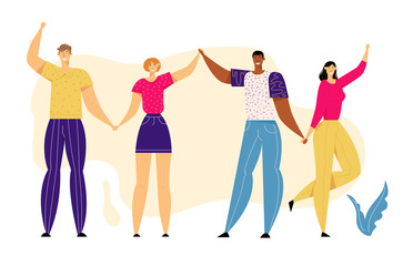 Fototapeta na wymiar Happy Multicultural People Holding Hands Together. Happiness, Friendship, Togetherness Concept with Group of Man and Woman Standing in Unity. Vector flat illustration