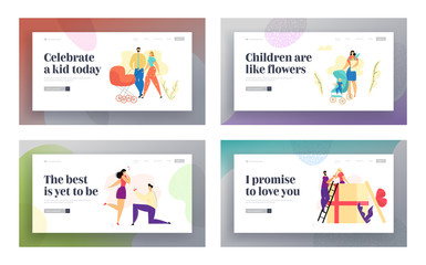 Young Family Walking in the Park Landing Page. Parents with Baby Stroller. Man Kneeling Marriage Proposal. Happy Mother and Father with Pram Web Banner. Vector flat illustration