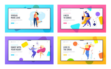 Happy Couple in Love Landing Page. Man Kissing his Girlfriend. Woman Hugs Boyfriend. Romantic Dating Concept with Lovers Characters Dancing Disco Web Banner. Vector flat illustration