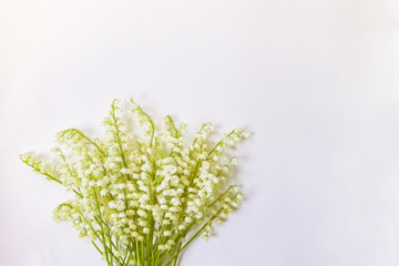 bouquet of lilies of the valley on a white background top view. lily of the valley flowers and copy space. flat lay.