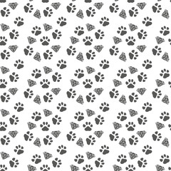 Abstract seamless pattern - black ink prints with messy dog paws. Creative monochrome backdrop with regular animal footprints