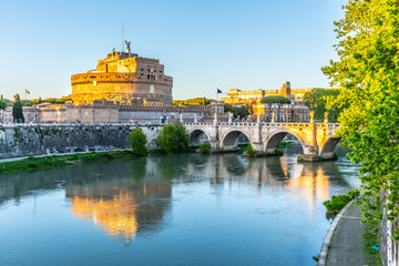 Castel Sant Angelo, or Mausoleum of Hadrian, reflected in Tiber River in Rome, Italy