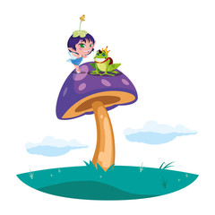 beautiful magic fairy with toad prince in the garden