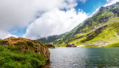 wonderful sunny landscape. mountain lake with perfect sky.