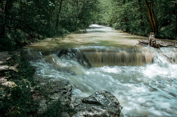 Eine Wasserfall Landschaft im Wald mit Bäumen am Fluss im Frühling