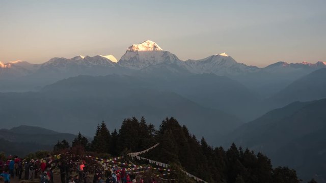 Timelapse from Poon Hill viewing the Himalaya peak Dhaulagiri during sunrise in clear day with light rays