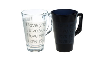Pair of a romantic clear and black coffee glass cups with text "I love you"