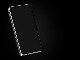 Concept of foldable smartphone folding on the longer side. Flexible smartphone isolated on black background. 3D rendering