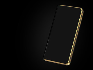 Concept of foldable smartphone folding on the longer side. Flexible smartphone isolated on black background with empty place on the screen. 3D rendering