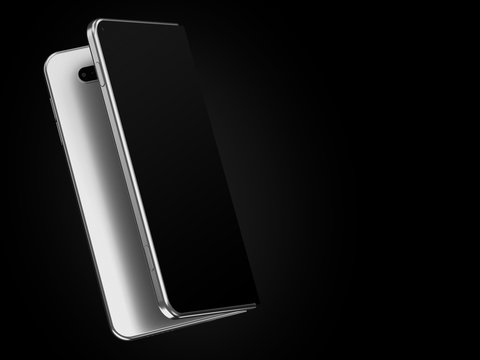 Concept of foldable smartphone folding on the longer side. Flexible smartphone isolated on black background. 3D rendering
