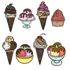Vector hand drawn set of colorful ice creams isolated on white background.