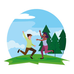 interracial young couple celebrating in the camp