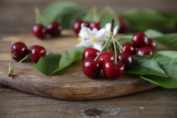 fresh organic sweet cherries with green leaves and white flowers on the wooden rustic background. Healthy food concept. Closeup. 