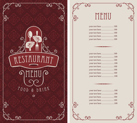 Template vector menu for restaurant with price list and cutlery in hands in figured frame with curlicues in baroque style with dark red seamless background pattern.