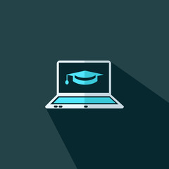 Laptop with graduation cap icon - vector flat