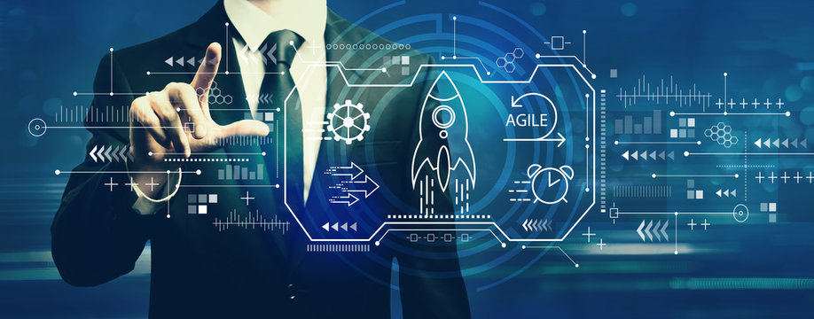 Agile concept with businessman on a dark blue background